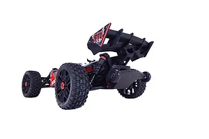 Rear view of an ARRMA Typhon 3S RC buggy featuring a T-Bone Racing black wheelie bar installed on the rear chassis.