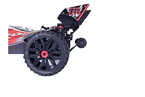 A T-Bone Racing wheelie bar installed on the rear of an ARRMA Typhon 3S RC buggy, shown against a white background.