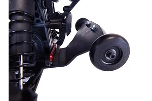 Close-up of a T-Bone Racing wheelie bar installed on the rear of an ARRMA Typhon 3S RC car, showing the black plastic mount and wheel.