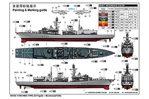 Painting and marking guide for the Trumpeter 1/700 HMS Montrose F236 Type 23 Frigate model kit, showing side, top, and rear views with color references.