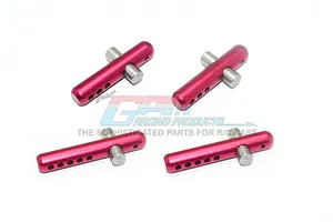 Four red anodized aluminum RC body posts with silver metal cross pins arranged on a white background.