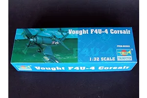 The packaging for a Trumpeter 1/32 scale Vought F4U-4 Corsair plastic model kit, showing an illustration of the aircraft in flight.