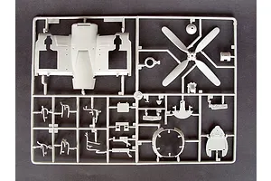 A grey plastic sprue from a Trumpeter 1/32 scale Vought F4U-4 Corsair model kit, showing various aircraft parts including a propeller and fuselage section.