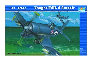 Box art for a Trumpeter 1/32 scale Vought F4U-4 Corsair plastic model kit featuring an illustration of the aircraft in flight over the ocean.