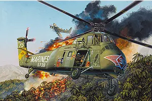 Box art illustration of a US Marines H-34 helicopter flying over a jungle during a combat mission with smoke and fire in the background.