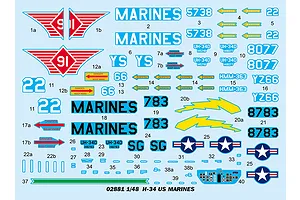 A decal sheet for a 1/48 scale Trumpeter H-34 US Marines helicopter model kit, featuring various military markings, numbers, and insignia.