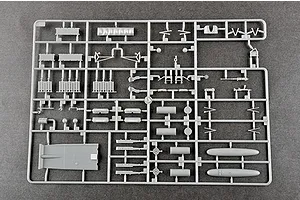 A grey plastic sprue containing various small model aircraft parts for a Trumpeter 1/48 scale H-34 helicopter model kit.