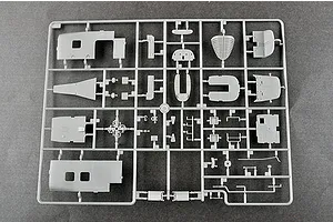 A grey plastic model kit sprue containing various helicopter fuselage and interior parts for a 1/48 scale model.