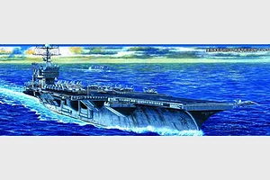 An artistic illustration of the USS Abraham Lincoln CVN-72 aircraft carrier sailing on the ocean, featured on a model kit box.