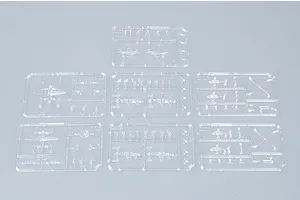 Seven clear plastic model kit sprues containing miniature aircraft and helicopter parts for a 1/700 scale model.