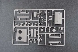 A grey plastic sprue containing various unpainted model tank parts for a 1/35 scale Soviet KV-8S heavy tank kit.