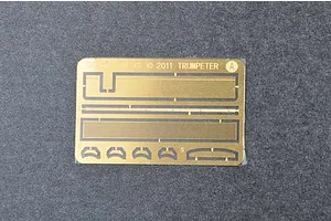 A photo-etched brass fret for a 1/35 scale Trumpeter model kit, featuring various small parts including a mesh screen and brackets.