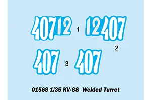 A digital decal sheet for a 1/35 scale Trumpeter KV-8S model kit, showing various white number combinations on a light blue background.