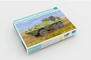 Trumpeter 1/35 scale Canadian Husky 6x6 AVGP model kit box showing artwork of the armoured vehicle in a field.