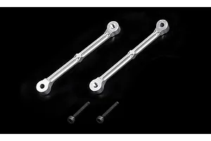 Two silver aluminium RC shock tower braces and two black socket head screws on a black background.