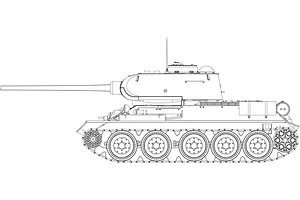A black and white line drawing of a T-34/85 tank viewed from the side, showing the hull, turret, long gun barrel, and road wheels.