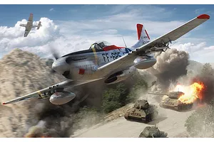 Box art illustration of a silver F-51D Mustang fighter aircraft flying over a battlefield with tanks in a mountainous landscape.