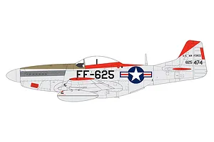 A digital side-profile illustration of a North American F-51D Mustang fighter aircraft in US Air Force livery with red tail and wing accents.