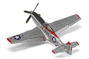 A high-angle studio shot of a completed 1/48 scale Airfix North American F-51D Mustang model aircraft, featuring a silver finish with red wingtips and tail.