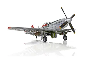 A fully assembled and painted 1/48 scale model of a North American F-51D Mustang fighter plane, featuring a silver finish with red accents and 'Rotation Blues' markings.