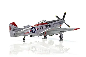 A fully assembled and painted 1/48 scale model of a North American F-51D Mustang fighter aircraft, featuring a silver finish with red and black markings.