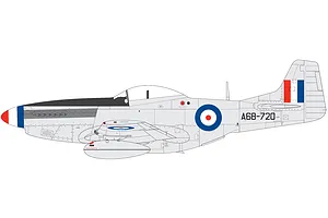 A side-profile illustration of a North American F-51D Mustang fighter aircraft in RAAF livery with the serial number A68-720.