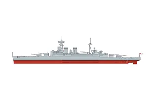 A side-profile digital illustration of the HMS Hood battlecruiser, showing its grey hull, red lower section, and British naval ensign on a white background.
