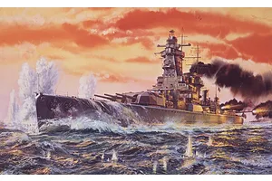 An illustration of the Admiral Graf Spee battleship in action at sea during a sunset, with smoke and water splashes surrounding the vessel.