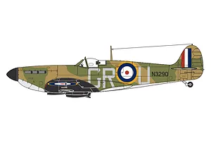 A digital side-profile illustration of a Supermarine Spitfire Mk.IA in camouflage livery with RAF roundels and the code GR-U.