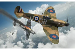 Digital artwork of a Supermarine Spitfire in combat with a German Messerschmitt Bf 109, with smoke and fire visible against a cloudy sky.