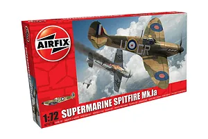 Airfix 1/72 scale Supermarine Spitfire Mk.IA plastic model kit box featuring an illustration of a Spitfire in aerial combat.