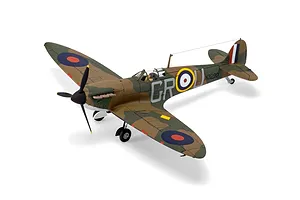 A fully assembled and painted 1/72 scale plastic model of a Supermarine Spitfire Mk.IA in camouflage livery with RAF markings.