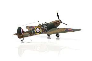 A completed 1/72 scale plastic model of a Supermarine Spitfire Mk.IA in camouflage livery with RAF markings, viewed from the rear three-quarter angle.