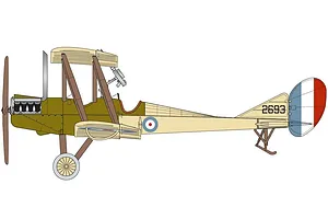 A side-profile digital illustration of a Royal Aircraft Factory B.E.2c biplane in tan and olive green livery with British roundel markings.