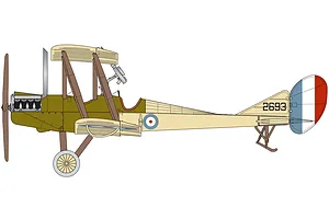 A digital side-profile illustration of a Royal Aircraft Factory B.E.2c biplane in olive green and cream livery with British roundels.