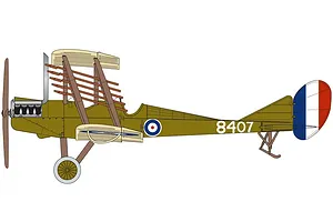 A side-profile digital illustration of a Royal Aircraft Factory B.E.2c biplane in olive green livery with British roundels and the number 8407 on the fuselage.