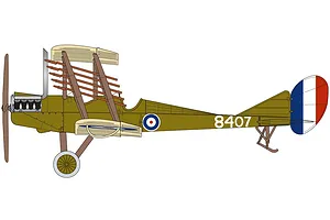 A digital side-profile illustration of a Royal Aircraft Factory B.E.2c biplane in olive green livery with RAF roundels and the number 8407 on the fuselage.