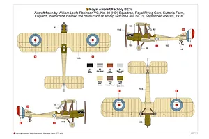 Painting and decal placement guide for an Airfix Royal Aircraft Factory B.E.2c model kit, showing top, bottom, and side views with color callouts.