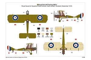 Painting and decal guide for an Airfix Royal Aircraft Factory B.E.2c model kit, showing top, bottom, and side views with color callouts.