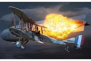 Digital illustration of a Royal Aircraft Factory B.E.2c biplane attacking a German Zeppelin airship in mid-air, causing a large explosion.