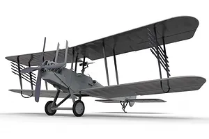 A 3D render of a grey, unpainted Royal Aircraft Factory B.E.2c biplane model kit on a white background.