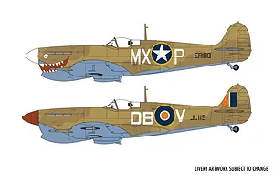 Digital illustration showing two side-profile livery options for a Supermarine Spitfire model kit, featuring different camouflage markings and nose art.