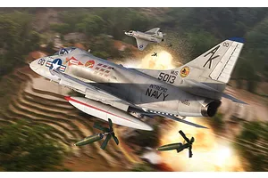 Digital illustration of two US Navy Douglas A-4 Skyhawk aircraft in flight, dropping bombs over a mountainous, forested landscape.