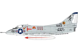 A digital side-profile illustration of a US Navy Douglas A-4 Skyhawk aircraft with grey livery, US insignia, and various markings.