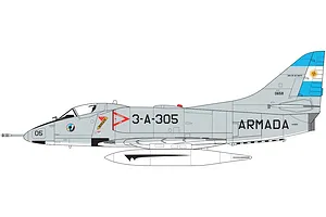A digital side-profile illustration of an Argentine Navy Douglas A-4 Skyhawk aircraft with grey fuselage and blue and white tail markings.