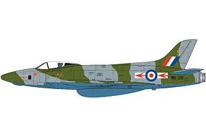 A digital side-profile illustration of a Supermarine Swift F.R. Mk.5 fighter jet in camouflage livery with RAF markings.