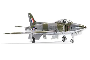 A completed 1/72 scale plastic model of a Supermarine Swift F.R. Mk.5 fighter jet, painted in olive green and silver camouflage with RAF markings.