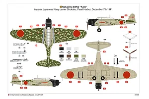 A technical painting guide for an Airfix 1/72 Nakajima B5N2 Kate model kit showing top, bottom, and side views with decal placement and color codes.