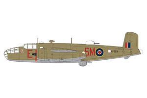A side-profile digital illustration of a North American Mitchell Mk.II bomber in tan and grey camouflage with Polish and RAF markings.