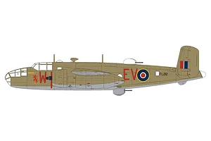 A side-profile illustration of a North American Mitchell Mk.II bomber in tan and grey camouflage with RAF markings and squadron codes.